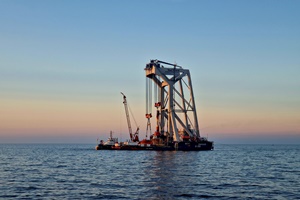 Heavy lift installation vessel Svanen installing first monopile at Baltic Eafle offshore wind