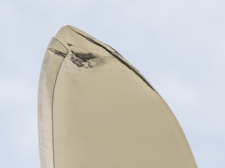Figure 2. Blade puncture and trailing edge damage due to a lightning strike bypassing the receptor (source Shutterstock) Arctura fig 2