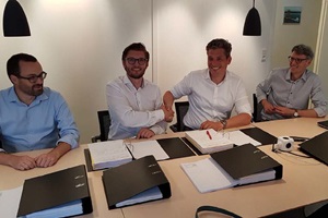 Contract signing - from the left: Klaus Munck Rasmussen, Bladt Industries, Lars Bender, Bladt Industries, Stan Logghe, Jan De Nul, and Arn Willems, Jan De Nul Bladt Northwester 2 contract signing