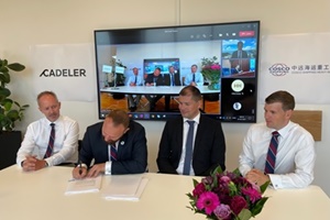 CEO Mikkel Gleerup, Cadeler (second from left), and General Manager, Li Rong, Cosco Shipping (Qidong) Offshore (on the TV screen), sign the contract to build two X-class wind turbine installation vessels Cadeler orders two new wind turbine installation vessels