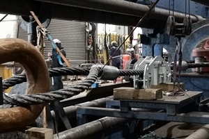 One of the DLM Running Line Monitors (RLM), being calibrated using a 76mm wire rope sling, the same diameter as installed on the vessel mooring winches DLM delivers tensionmeters for Jan de Nul crane vessel