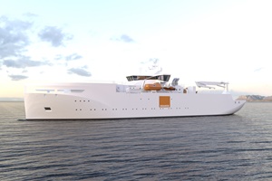 VARD 9 03 | Overall length: Approx. 100 m | Beam: 18.8 m | Designed by Vard Design in Norway Design illustration of VARD 9 03 Cable repair vessel for Orange Marine 2021