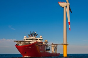 Service vessel with walk to work gangway deployed to offshore wind turbine Service vessel with walk to work gangway deployed to offshore wind turbine