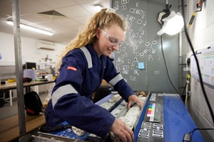 Fugro laboratory technician preparing sample for core logging Fugro laboratory technician preparing sample for core logging