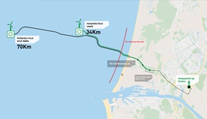 cables marked in green have been successfully installed, buried, and tested. The cables marked in black will be installed in the spring of 2023. The red line indicates the 3 km boundary to where the Moonfish has buried the cable sections