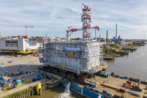 TenneTs Hollandse Kust north transformer platform has been placed on a floating barge in the port