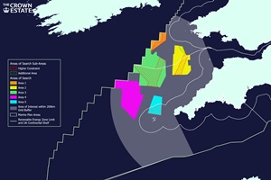 The figure presents the five Areas of Search identified through the spatial design process. The hatched areas within the Areas of Search relate to potential risks or areas of potential opportunity that have been highlighted through bilateral engagement map floating wind in the Celtic Sea