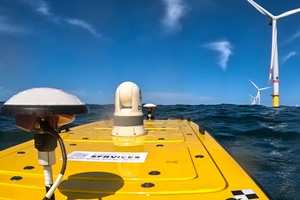Autonomous surveyor USV (Unmanned Surface Vehicle) at the OWF Deutsche Bucht (courtesy Subsea Europe Services) 20230912 press release SubseaEuropeServices autonomous surveyor cSES