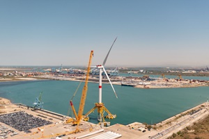 The first of three wind turbines installed at the Provence Grand Large floating offshore wind project © Ian Hanning/Capa Pictures