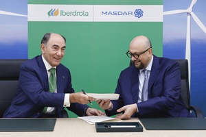 Ignacio Galan Iberdrolas Executive Chairman and Masdars Chief Executive Officer Mohamed Jameel Al Ramahi signing the agreement in Madrid