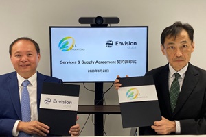 Mr. Yasuyuki Kaneko CEO of JRE Operations right and Mr. Kum Mun Lock Deputy Managing Director of Envision Digital International left participated in the signing ceremony of the framework agreement Mr. Yasuyuki Kaneko CEO of JRE Operations right and Mr. Kum Mun Lock Deputy Managing Director of Envision Digital International left participated in the signing ceremony of the framework agreement