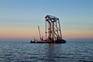 Van Oords heavy lift installation vessel Svanen installing first monopile at Baltic Eafle offshore wind farm
