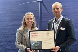 Irati Larrinaga, Foundation Package Lead Engineer of Saitec Offshore Technologies (Left), and Jonathan Boutrot, Market Leader for Marine Renewable Energies at Bureau Veritas Marine & Offshore DemoSATH Floating Wind Project Secures Final Prototype Certification from Bureau Veritas