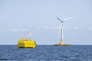 The electrolyser, deployed on the WAVEGEM platform at SEM-REV sea trials site, was powered by the Floatgen floating wind turbine from BW Ideol at the same location (courtesy Lhyfe) Lhyfe 7049