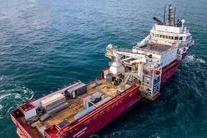 The Connector which is c 90m vessel was mobilised from Fredrikshavn in Denmark arrived on site in February to complete Phase One of the Geotech works