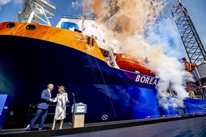 Van Oords new offshore wind installation vessel Boreas has been officially christened in Rotterdam by the citys mayor Carola Schouten