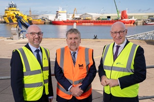 Pictured are from left Stuart Hood Director of Offshore Wind Operations at SSE Tom Hutchison CEO of Montrose Port Authority and First Minister John Swinney. credit Jonathan Addie Photography
